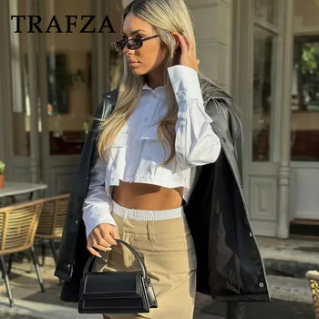 TRAFZA 2024 Άνοιξη casual γυναικεία κοντά πουκάμισα Μόδα Streetwear Μασίφ τσέπες με στριφογυριστό γιακά Μονό στήθος Κομψό κοντό πουκάμισο