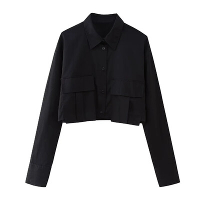 TRAFZA 2024 kevad vabaaja naiste lühikesed särgid Moodsad tänavarõivad, soliidsed taskud, kaelusega, üherealised šikkad lühikesed särgid