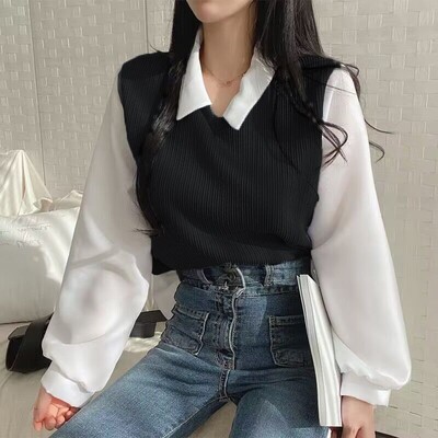 Дамска блуза с фалшива поло яка от две части Пролетна ежедневна корейска риза Y2k Топове Улично облекло Свободни женски пуловери Елегантни блузи