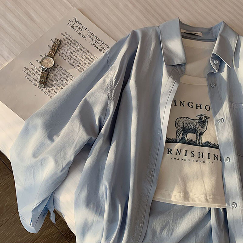 Suvine õhuke roheline särk Naiste moodne korea lahtise revääriga nööbiga ülaosa Naistele mõeldud täispika varrukaga särk uus