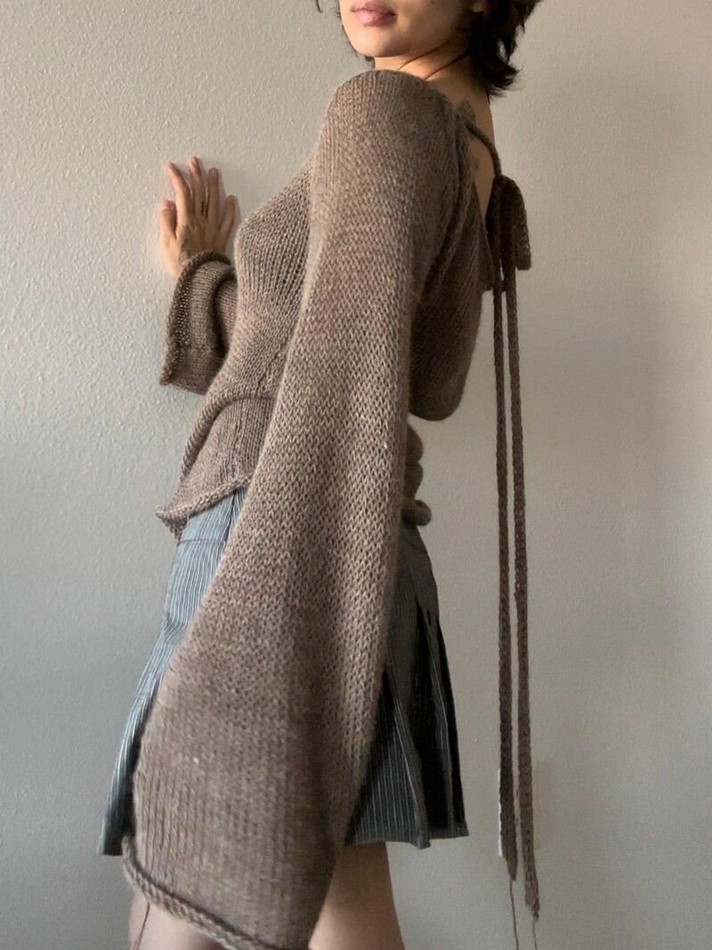 Combhasaki Pulovere vintage retro cu cravată la spate Y2K pentru femei, cu mâneci lungi, cu gât de barcă, pulover, tricotat, fără spate, casual Topuri