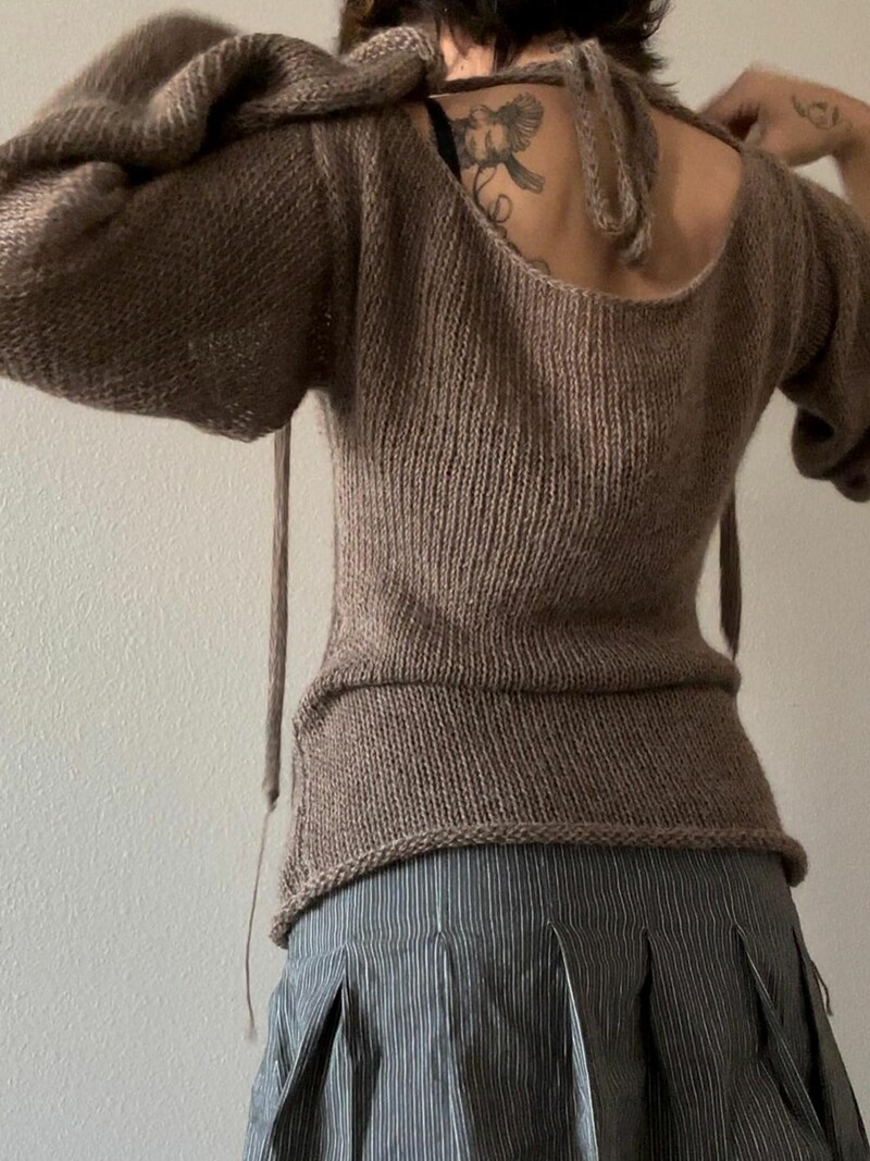 Combhasaki Pulovere vintage retro cu cravată la spate Y2K pentru femei, cu mâneci lungi, cu gât de barcă, pulover, tricotat, fără spate, casual Topuri