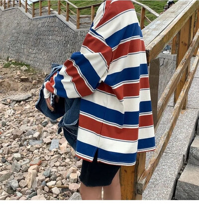 Tricouri pentru femei Îmbrăcăminte de vară pentru femei Hanorac cu dungi 2023 de modă coreeană Tricou cu mâneci lungi Patchwork Tricouri libere pentru cupluri