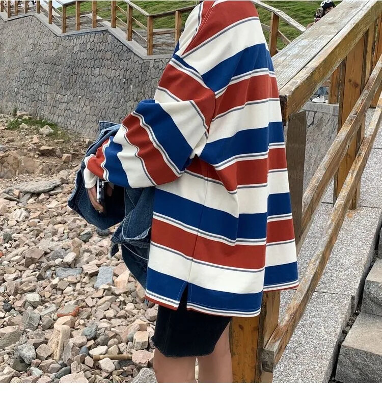 Tricouri pentru femei Îmbrăcăminte de vară pentru femei Hanorac cu dungi 2023 de modă coreeană Tricou cu mâneci lungi Patchwork Tricouri libere pentru cupluri