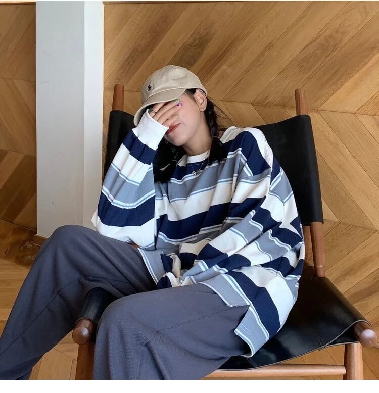 Tricouri pentru femei Îmbrăcăminte de vară pentru femei Hanorac cu dungi 2023 de modă coreeană Tricou cu mâneci lungi Patchwork Tricouri libere pentru cupluri