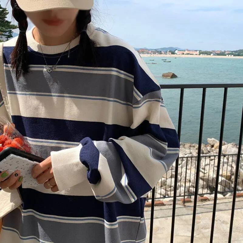 Tricouri pentru femei Îmbrăcăminte de vară pentru femei Hanorac cu dungi 2023 de modă coreeană Tricou cu mâneci lungi Patchwork Tricouri libere pentru cupluri