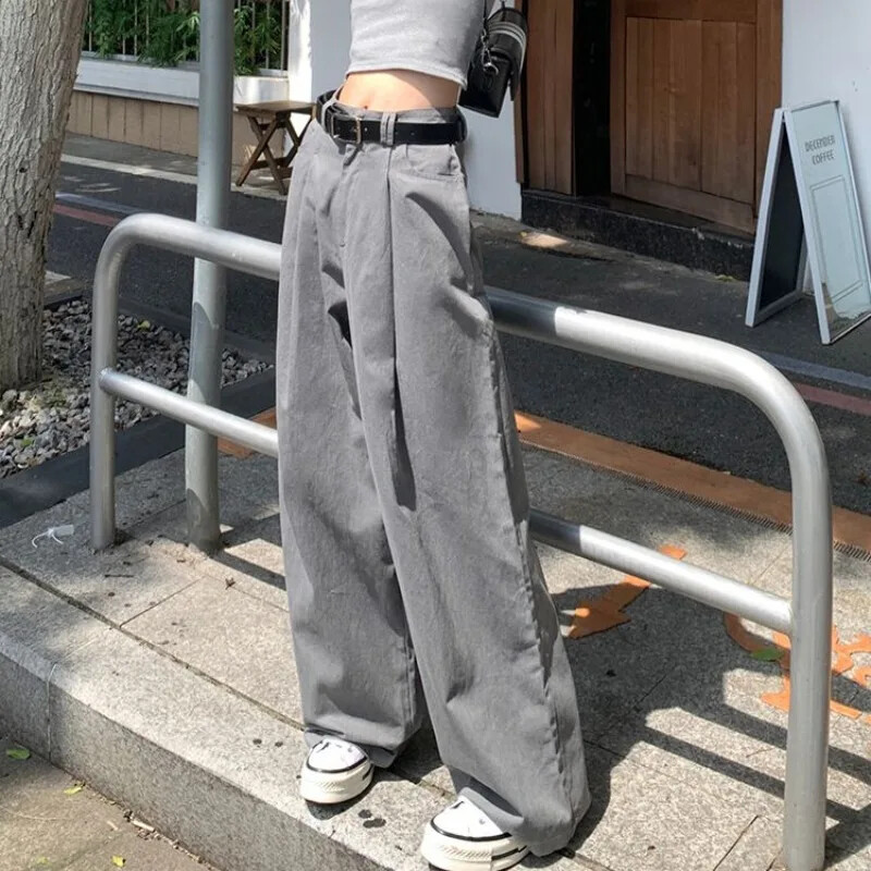 Deeptown Grey Vintage odijelo Hlače za žene Prevelike elegantne korejske modne opuštene klasične hlače Uredske dame Palazzo široke