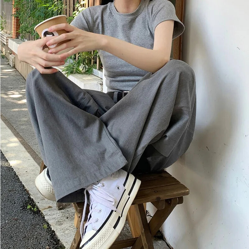 Deeptown Grey Vintage odijelo Hlače za žene Prevelike elegantne korejske modne opuštene klasične hlače Uredske dame Palazzo široke