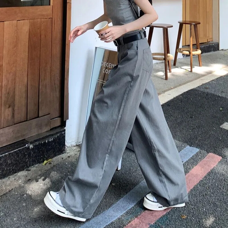 Deeptown Grey Vintage odijelo Hlače za žene Prevelike elegantne korejske modne opuštene klasične hlače Uredske dame Palazzo široke