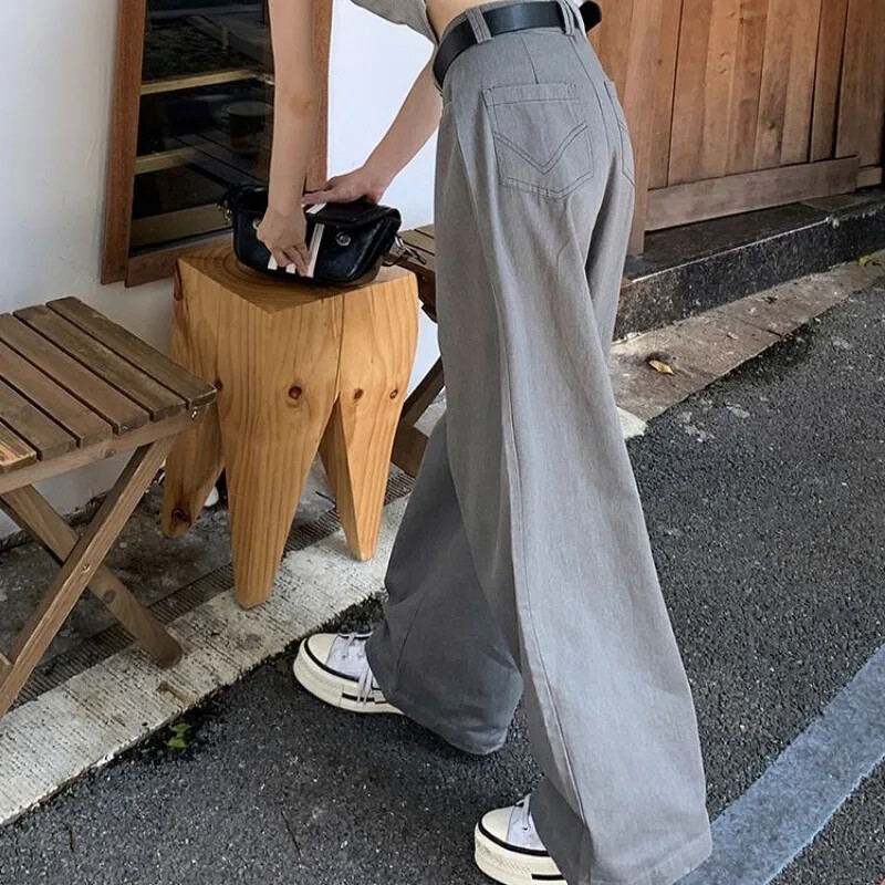 Deeptown Grey Vintage odijelo Hlače za žene Prevelike elegantne korejske modne opuštene klasične hlače Uredske dame Palazzo široke