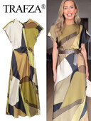 TRAFZA 2024, noua vară, rochie lungă pentru femei, imprimeu cu decolteu O, mâneci scurte, în spate, scobit Vinatge șic plisuri, rochii largi pentru femei