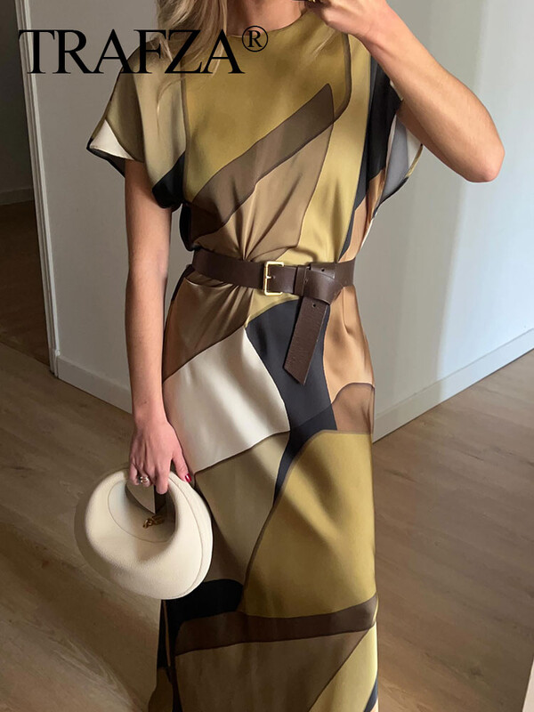 TRAFZA 2024, noua vară, rochie lungă pentru femei, imprimeu cu decolteu O, mâneci scurte, în spate, scobit Vinatge șic plisuri, rochii largi pentru femei