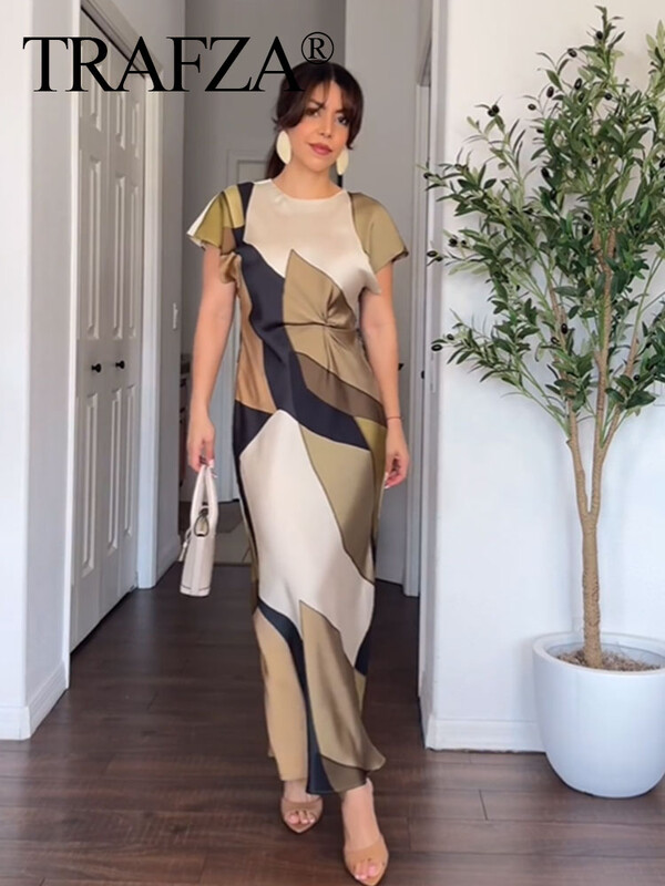 TRAFZA 2024, noua vară, rochie lungă pentru femei, imprimeu cu decolteu O, mâneci scurte, în spate, scobit Vinatge șic plisuri, rochii largi pentru femei