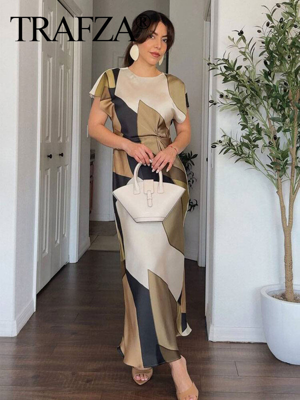 TRAFZA 2024, noua vară, rochie lungă pentru femei, imprimeu cu decolteu O, mâneci scurte, în spate, scobit Vinatge șic plisuri, rochii largi pentru femei