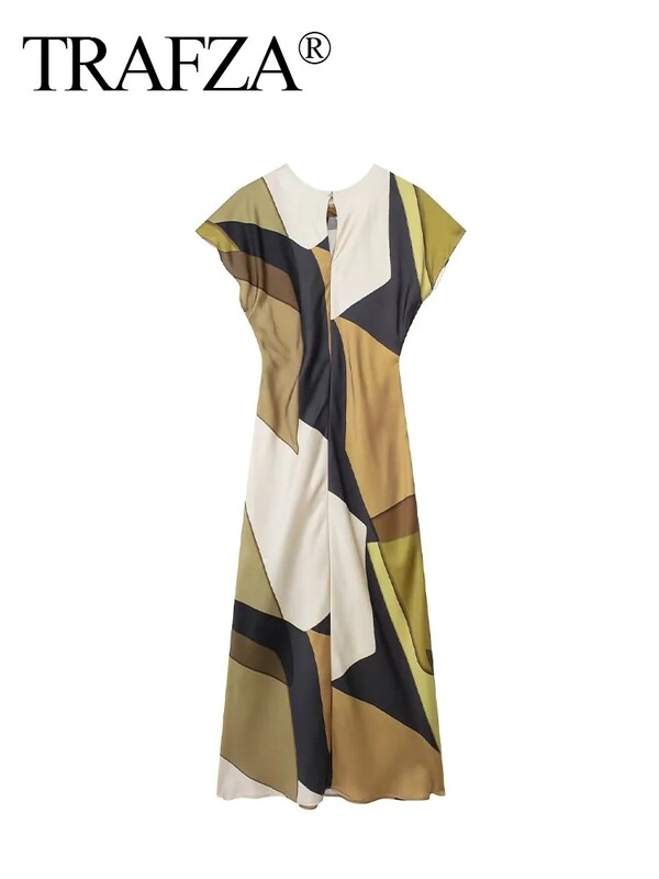 TRAFZA 2024, noua vară, rochie lungă pentru femei, imprimeu cu decolteu O, mâneci scurte, în spate, scobit Vinatge șic plisuri, rochii largi pentru femei