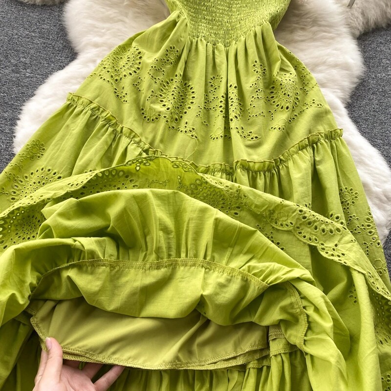 Elegantne seksikas seljataga kõrge vöökohaga tikandiga libisemiskleit A-joonega suvine rannapuhkuse õhuke naiste õhtukleit