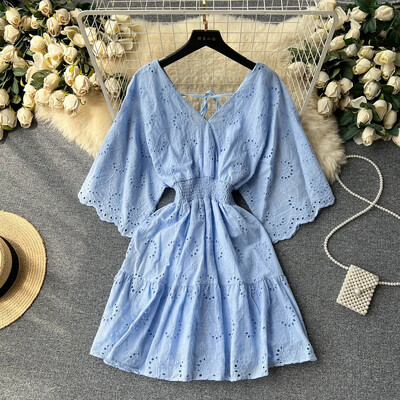 Biele/fialové/modré letné šaty s výstrihom do V, nové čipkované výšivkové šaty s krátkym rukávom, dámske vintage párty plážové midi šaty