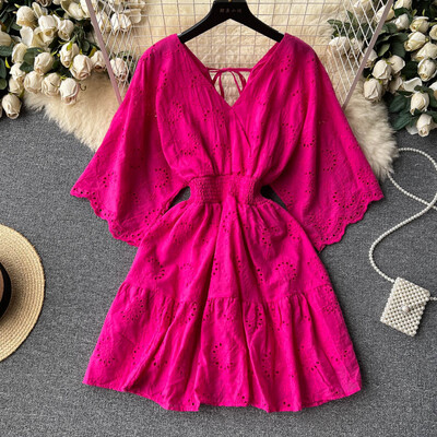 Biele/fialové/modré letné šaty s výstrihom do V, nové čipkované výšivkové šaty s krátkym rukávom, dámske vintage párty plážové midi šaty