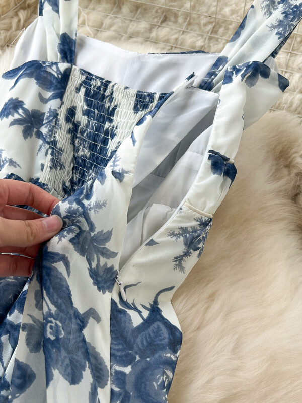 Prantsuse sinise trükiga rannapikk kleit naistele retro stiilis lillelised elegantsed peokleidid naistele õhukesed A-kujulised varrukateta šifoonist pikk rüü