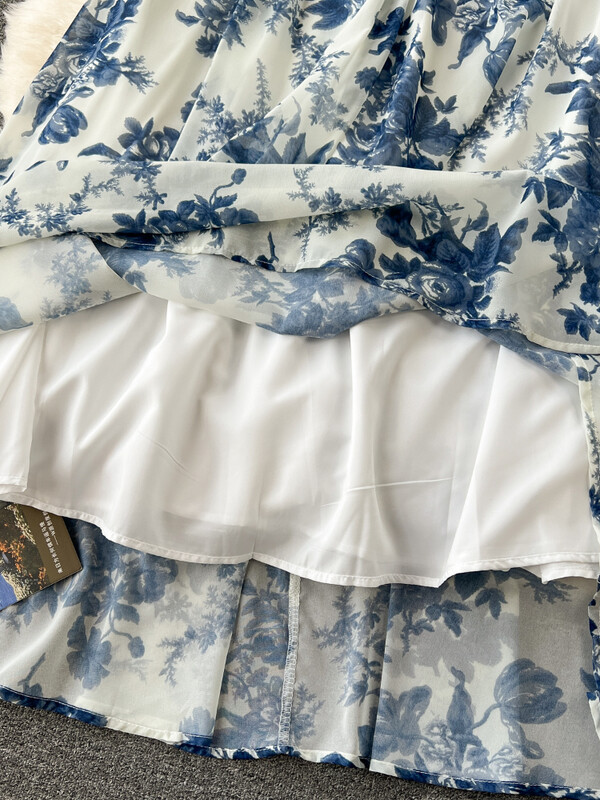 Prantsuse sinise trükiga rannapikk kleit naistele retro stiilis lillelised elegantsed peokleidid naistele õhukesed A-kujulised varrukateta šifoonist pikk rüü