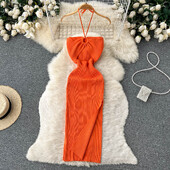 YuooMuoo Chic Fashion Sexy Package Хипс Разделена плетена лятна рокля Дамска тънка еластична рокля по тялото Streetwear Streetwear Outfits