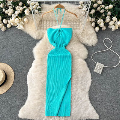 YuooMuoo Chic Fashion Sexy Package Хипс Разделена плетена лятна рокля Дамска тънка еластична рокля по тялото Streetwear Streetwear Outfits