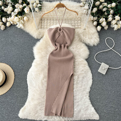 YuooMuoo Chic Fashion Sexy Package Хипс Разделена плетена лятна рокля Дамска тънка еластична рокля по тялото Streetwear Streetwear Outfits