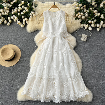 Prantsuse vintage tikandiga väljalõigatud pits PATCHWORK varrukateta kleit A-line šikk vabaaja naiste suvekleidid