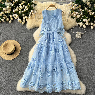 Prantsuse vintage tikandiga väljalõigatud pits PATCHWORK varrukateta kleit A-line šikk vabaaja naiste suvekleidid