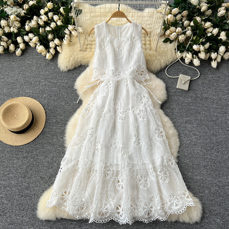 Prantsuse vintage tikandiga väljalõigatud pits PATCHWORK varrukateta kleit A-line šikk vabaaja naiste suvekleidid