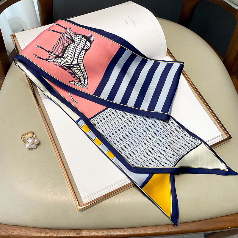 Luksuslik pikk siidist sall naiste mustriga õhuke kitsas sallikott Juuksepael Lint sallid naiste kaelarätik