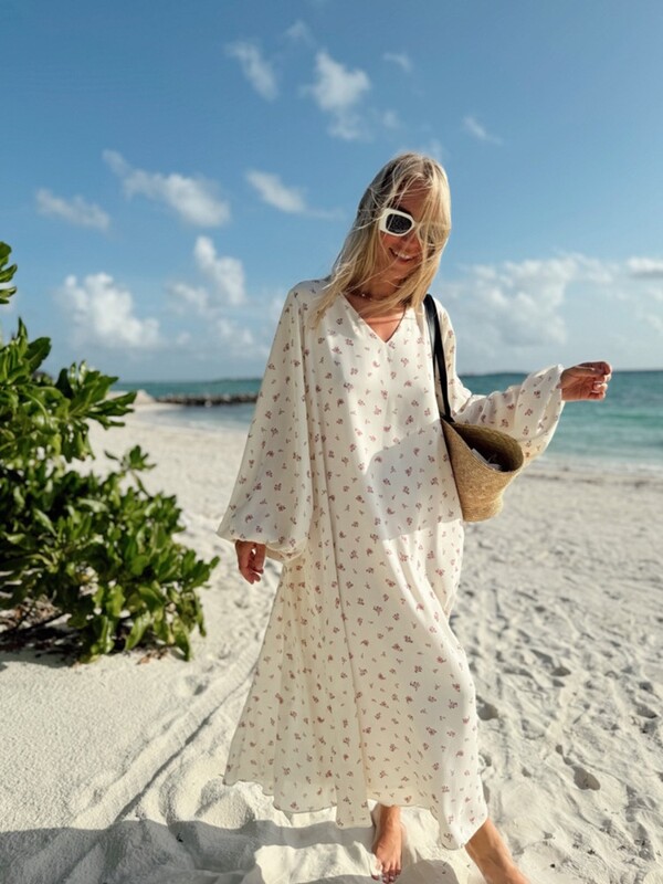 Rochie maxi cu imprimeu din șifon alb pentru femei, vară, sexy, cu decolteu în V, rochie de plajă, cu mâneci lungi, ocazională, 2024