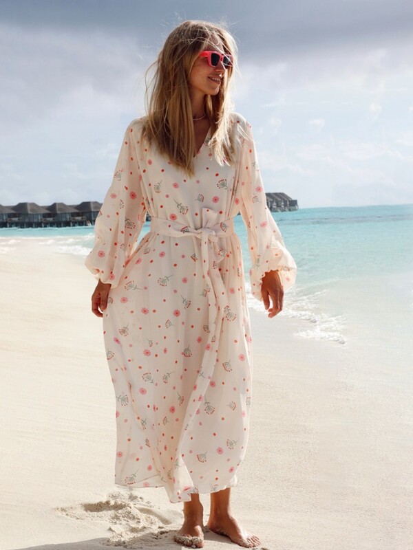 Rochie maxi cu imprimeu din șifon alb pentru femei, vară, sexy, cu decolteu în V, rochie de plajă, cu mâneci lungi, ocazională, 2024