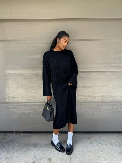 Μασίφ γυναικεία πλεκτά μίντι φόρεμα casual φαρδιά μακρυμάνικα γυναικεία φορέματα με λαιμόκοψη 2023 Φθινοπωρινή γυναικεία κομψή ρόμπα streetwear