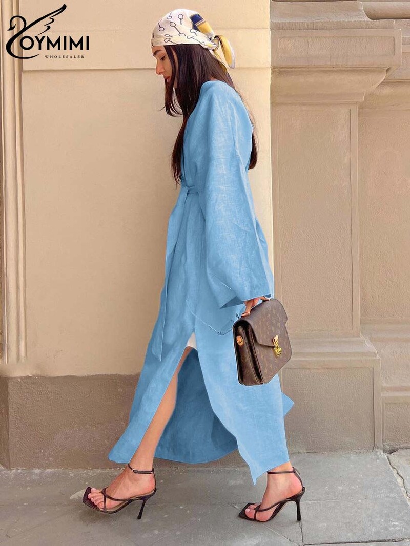 Oymimi Casual uued sinised puuvillased kanepikleidid naistele Elegantsed V-kaelusega pitsilised sirged kleidid Moodne soliidne pikkade varrukatega kleit