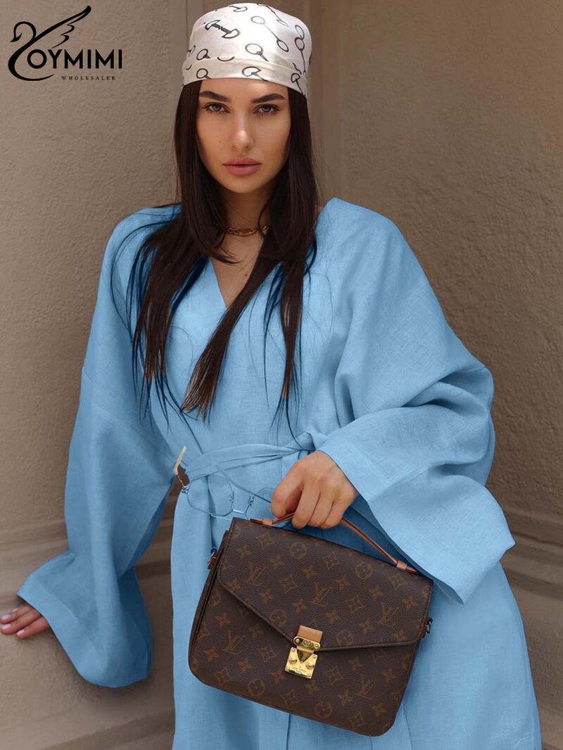 Oymimi Casual uued sinised puuvillased kanepikleidid naistele Elegantsed V-kaelusega pitsilised sirged kleidid Moodne soliidne pikkade varrukatega kleit