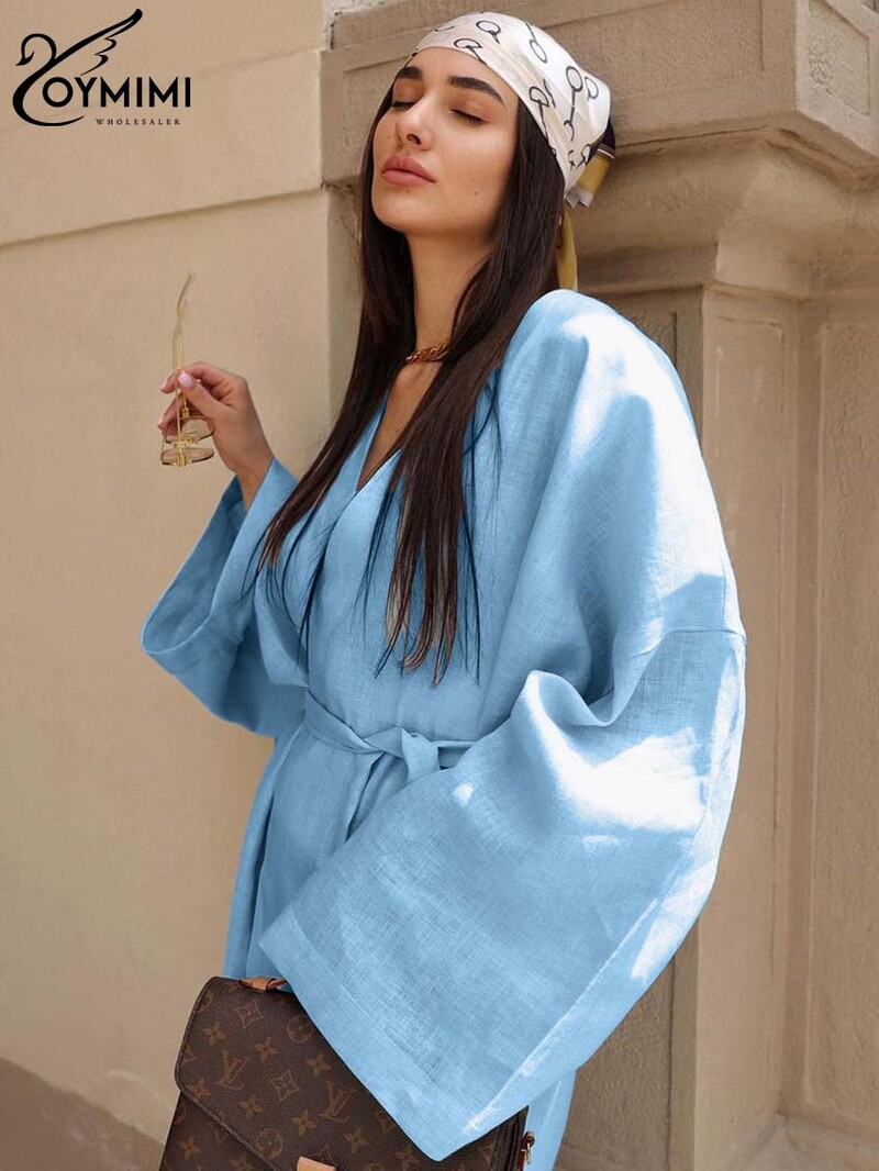 Oymimi Casual uued sinised puuvillased kanepikleidid naistele Elegantsed V-kaelusega pitsilised sirged kleidid Moodne soliidne pikkade varrukatega kleit