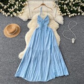 Секси плисирана лятна рокля с деколте без гръб Chic Vintage корейска мода Дамски плажни ежедневни тънки рокли