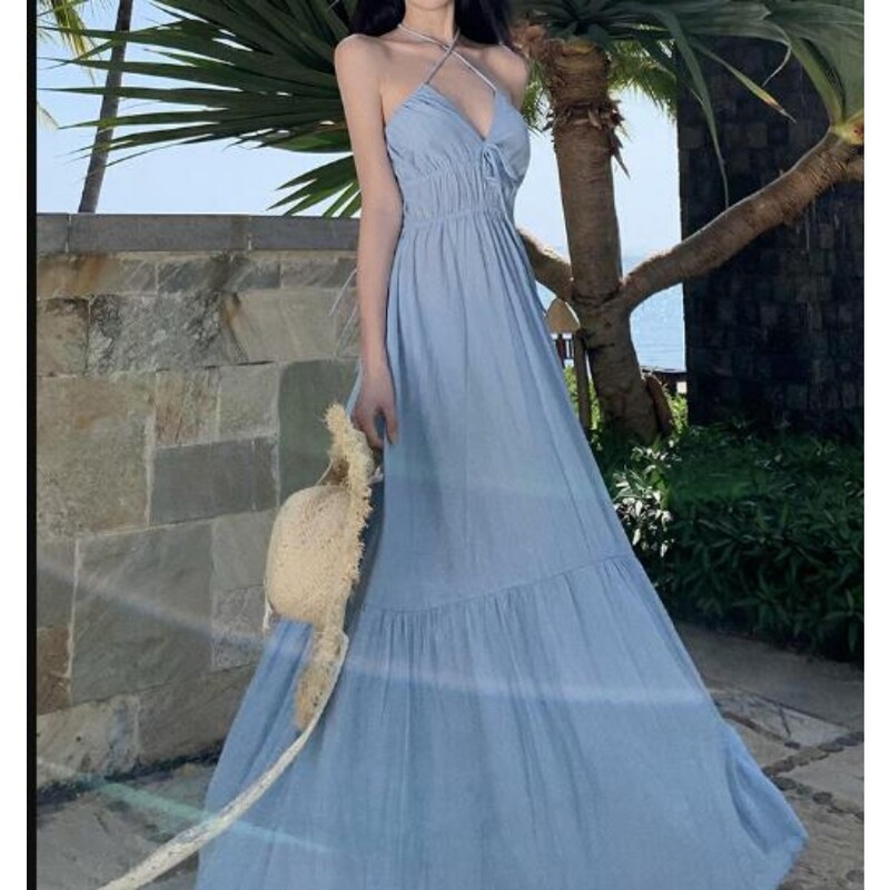 Sexy cu decolteu în V fără spate rochie cu halter de vară Chic Vintage Moda coreeană Femei Plajă Casual Rochii subțiri