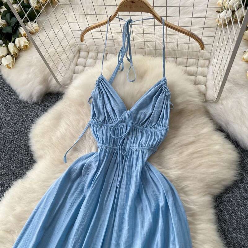 Sexy cu decolteu în V fără spate rochie cu halter de vară Chic Vintage Moda coreeană Femei Plajă Casual Rochii subțiri