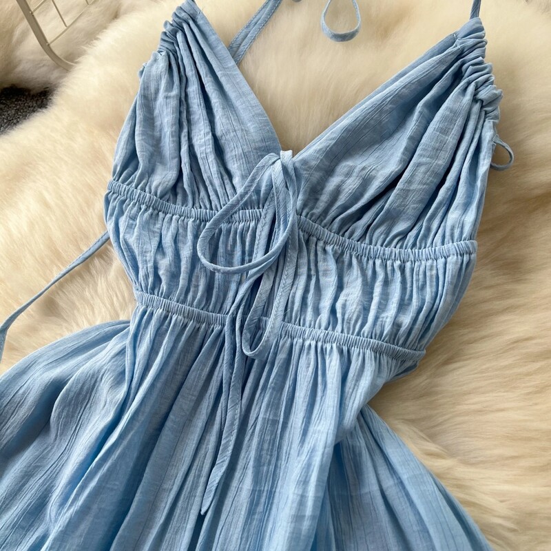 Sexy cu decolteu în V fără spate rochie cu halter de vară Chic Vintage Moda coreeană Femei Plajă Casual Rochii subțiri