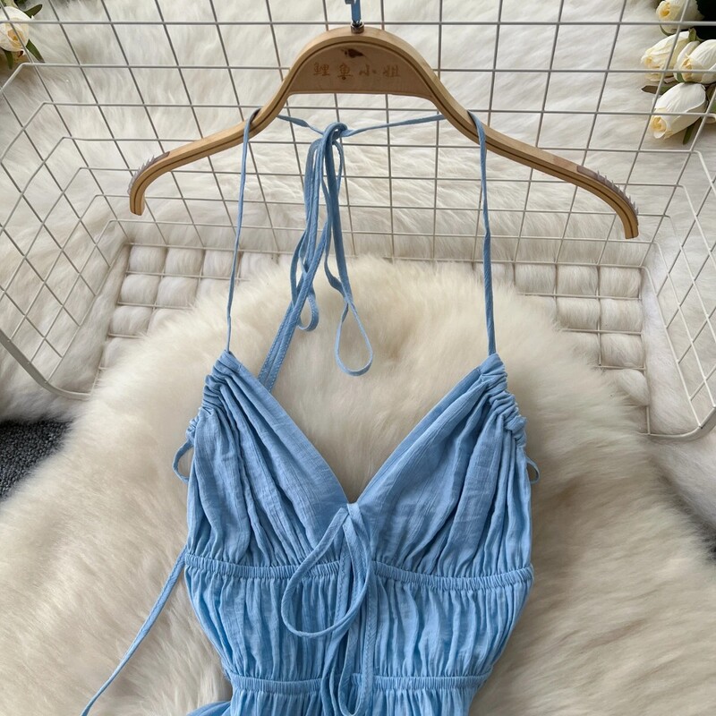 Sexy cu decolteu în V fără spate rochie cu halter de vară Chic Vintage Moda coreeană Femei Plajă Casual Rochii subțiri