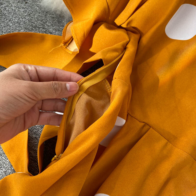 YuooMuoo Rochie de femeie cu imprimeu cu buline la modă șic 2023, noua vară, elegantă, vintage, bandaj, talie subțire, leagăn mare, rochie lungă de petrecere