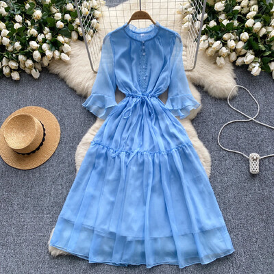 Γαλλικό ή λαιμό Flare μανίκι με κορδόνια κορεάτικο φόρεμα με βολάν γυναικεία καλοκαιρινή μέση Φορέματα σιφόν με μονό στήθος