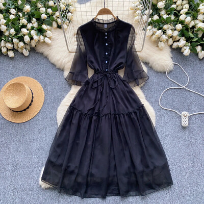 Γαλλικό ή λαιμό Flare μανίκι με κορδόνια κορεάτικο φόρεμα με βολάν γυναικεία καλοκαιρινή μέση Φορέματα σιφόν με μονό στήθος