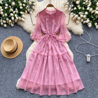 Γαλλικό ή λαιμό Flare μανίκι με κορδόνια κορεάτικο φόρεμα με βολάν γυναικεία καλοκαιρινή μέση Φορέματα σιφόν με μονό στήθος