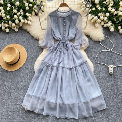 Γαλλικό ή λαιμό Flare μανίκι με κορδόνια κορεάτικο φόρεμα με βολάν γυναικεία καλοκαιρινή μέση Φορέματα σιφόν με μονό στήθος