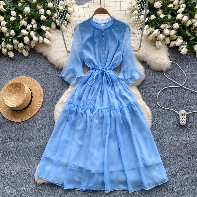 Γαλλικό ή λαιμό Flare μανίκι με κορδόνια κορεάτικο φόρεμα με βολάν γυναικεία καλοκαιρινή μέση Φορέματα σιφόν με μονό στήθος