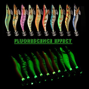 Fishing Wood Shrimp Luminous Squid Octopus Lure 10PCS 3.0 3D Eyes Fishing Lure Hard Bait Wobbler Squid Jig Lure with Bag