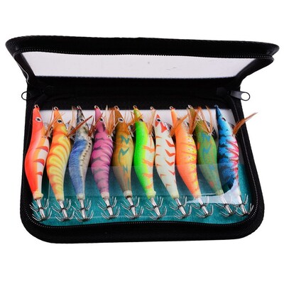 Fishing Wood Shrimp Luminous Squid Octopus Lure 10PCS 3.0 3D Eyes Риболовна примамка Твърда стръв Wobbler Squid Jig Lure с чанта
